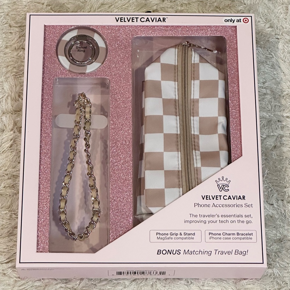 NIB Velvet Caviar Beige Checkered Phone Accessories Set